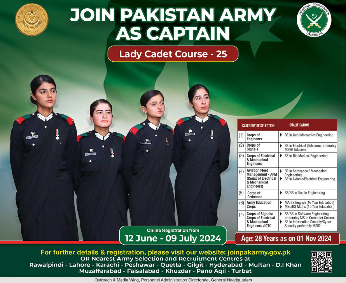 Join Pakistan Army as Captain Through Lady Cadet Course LCC-25