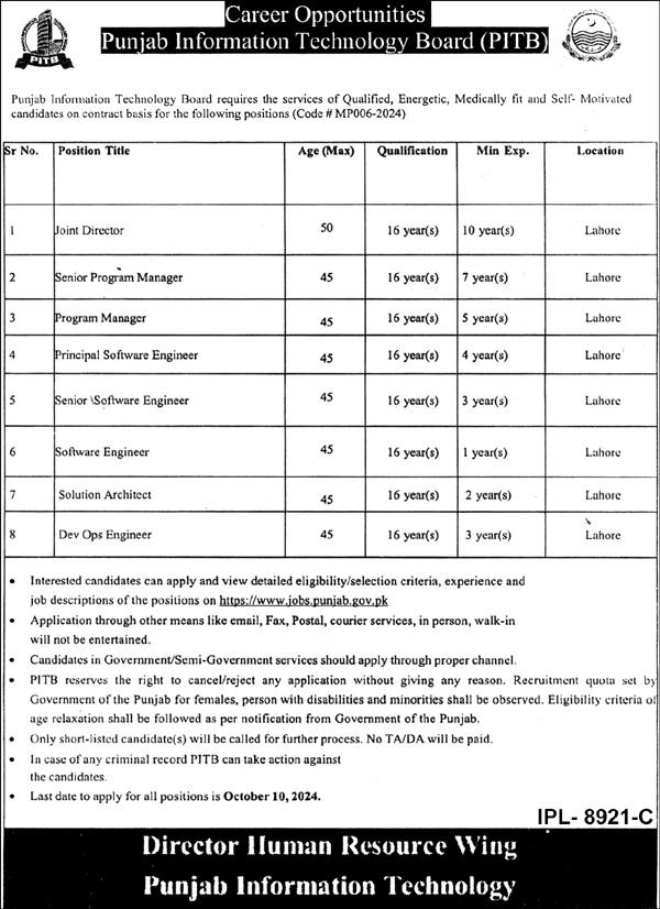 Punjab Information Technology Board PITB Jobs 2024