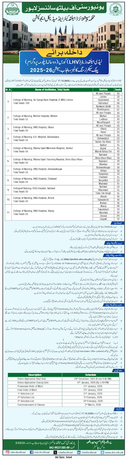 Lady Health Visitor LHV Admissions Punjab 2026