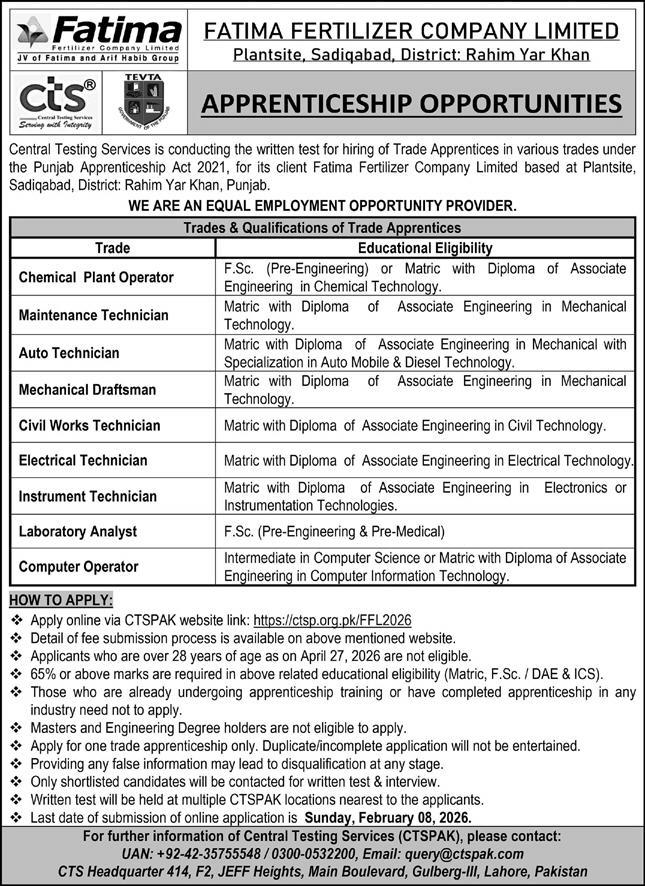 Fatima Fertilizer Company Apprenticeship Program 2026