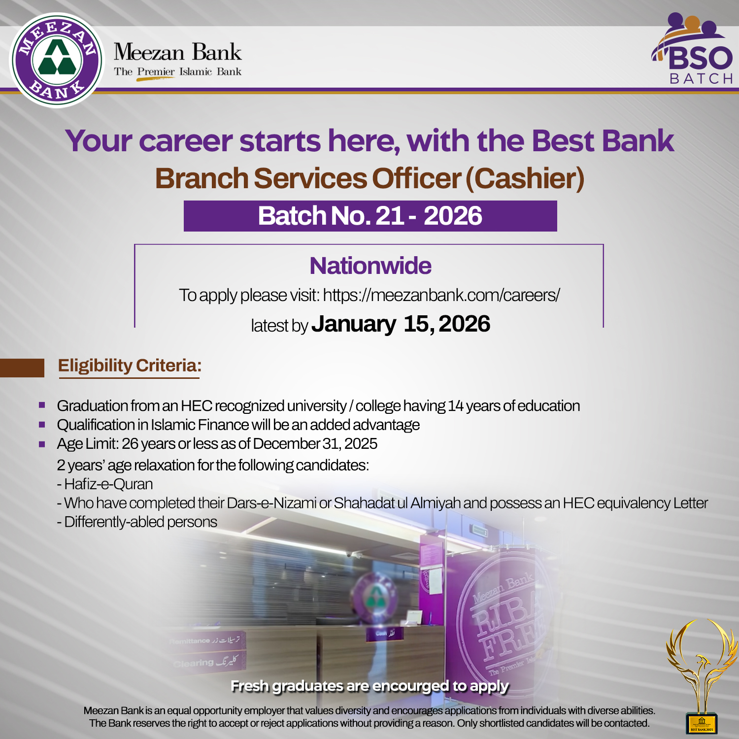Meezan Bank Branch Services Officer (Cashier) Jobs 2026