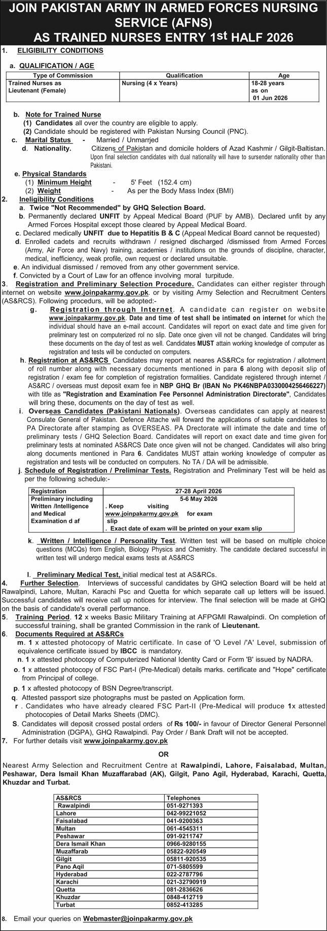 Join Pakistan Army As Trained Nurses Through Armed Forces Nursing Services (AFNS Jobs 2026